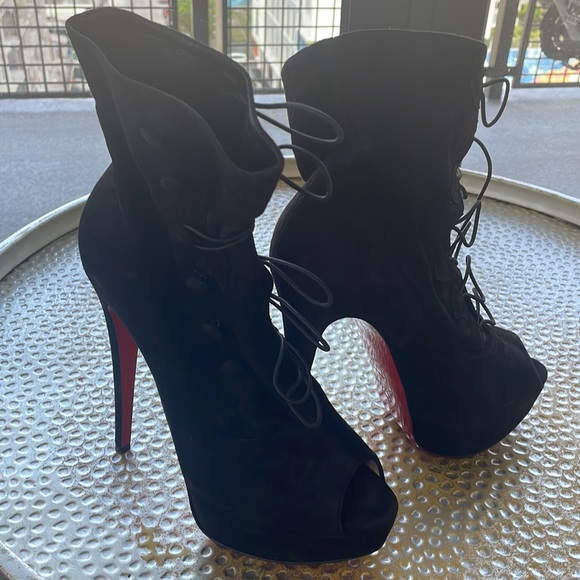 Christian Louboutin Open toe Suede Short Boots 38 Black Authentic - Picture 14 of 14